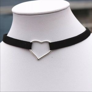 Silver heart black velvet choker necklace